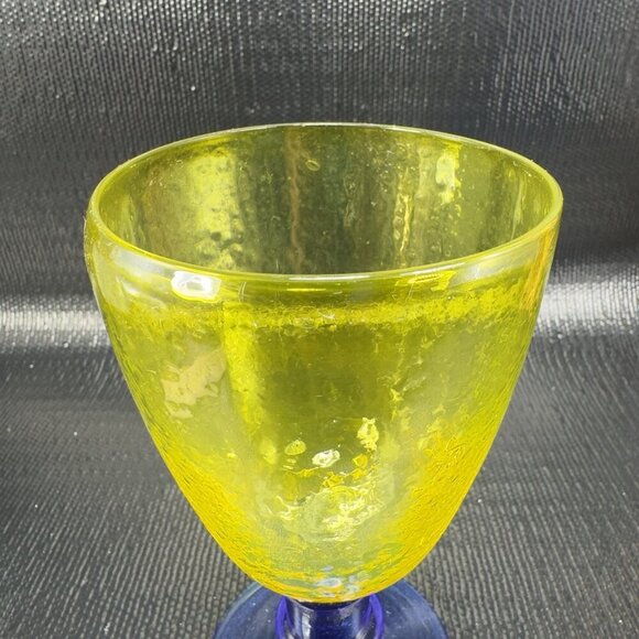 Cadmium UV Glowing Glass Goblets Cups Set 2 Yellow Top Blue Stem Textured Cups - Picture 6 of 16